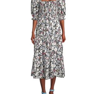 RACHEL PARCELL  Printed cotton poplin smocked midi dress black multi Size XXS